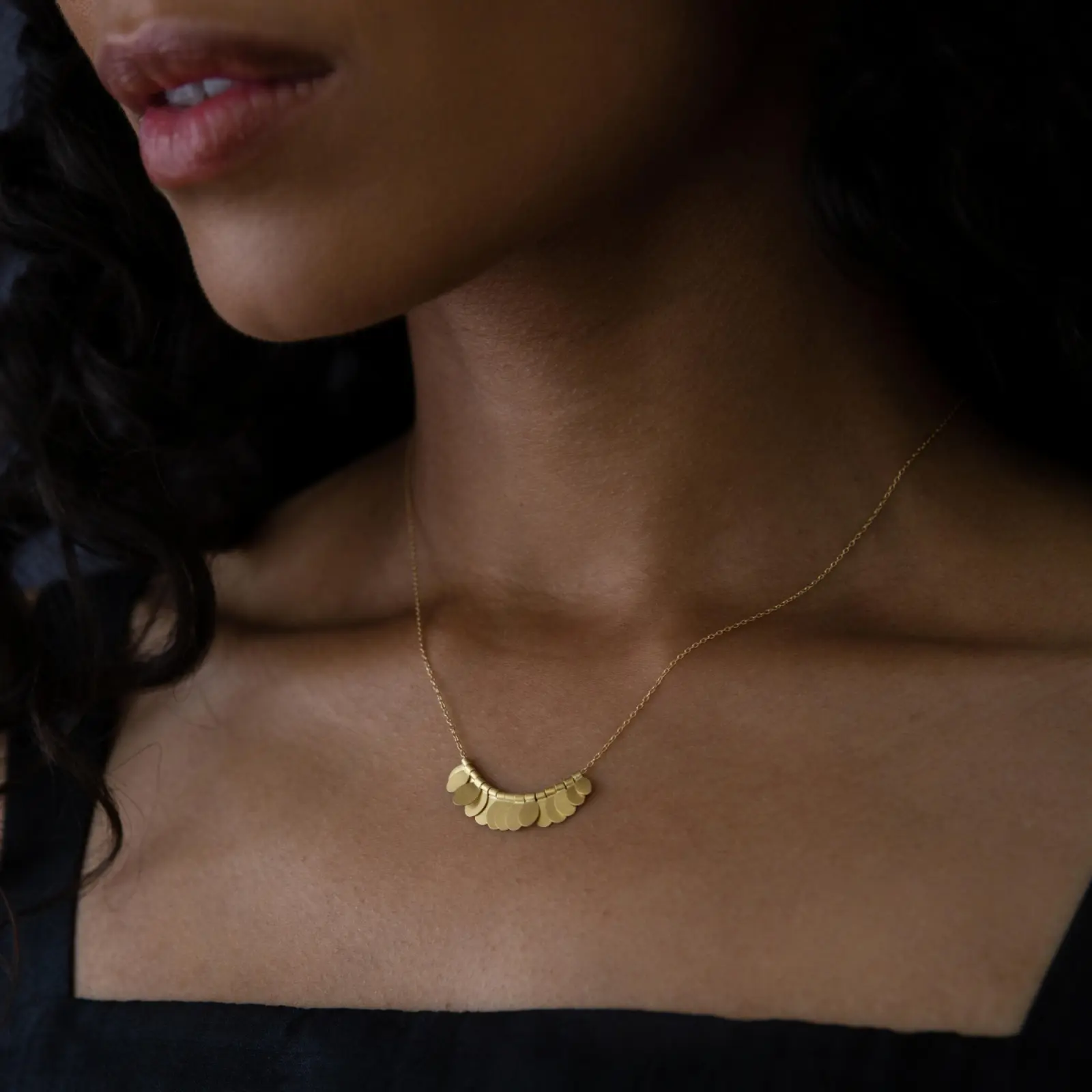 Sia Taylor FN12 YRAIN Rainbow Gold Tiny Songbird Arc Necklace Front M