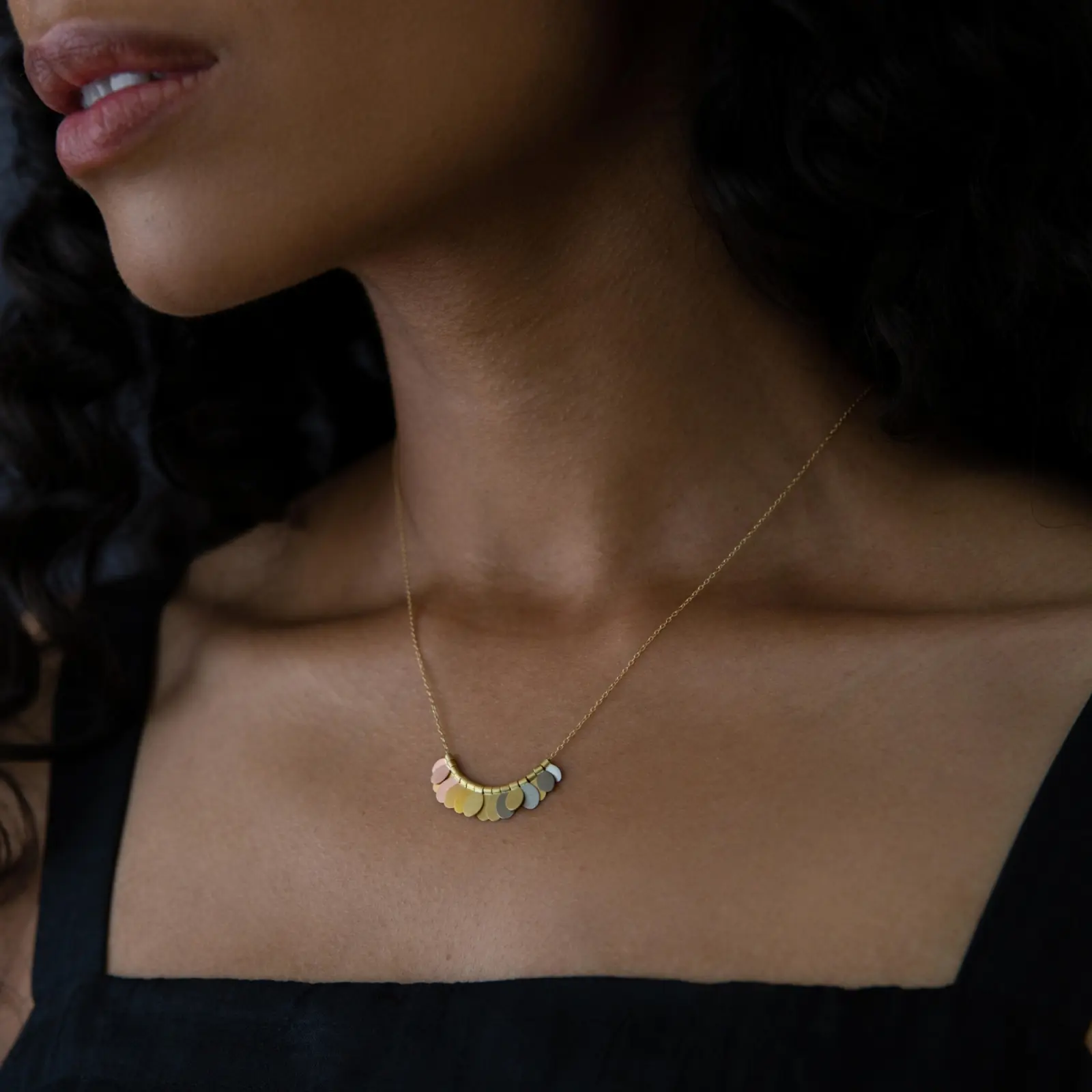 Sia Taylor FN12 YRAIN Rainbow Gold Tiny Songbird Arc Necklace Back M